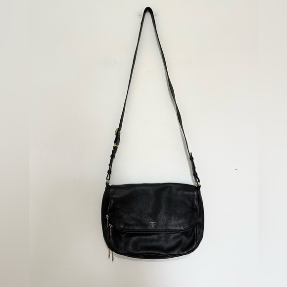 Vintage Fossil Issue No 1954 Black Leather/Gold Zip Crossbody Handbag Purse Lrg - Picture 1 of 4